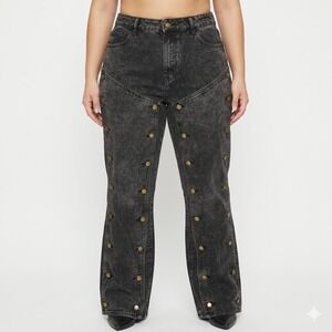 SHEIN ICON Vintage Aesthetic Button-Panel Flare Jeans Women's XL Black Acid Wash